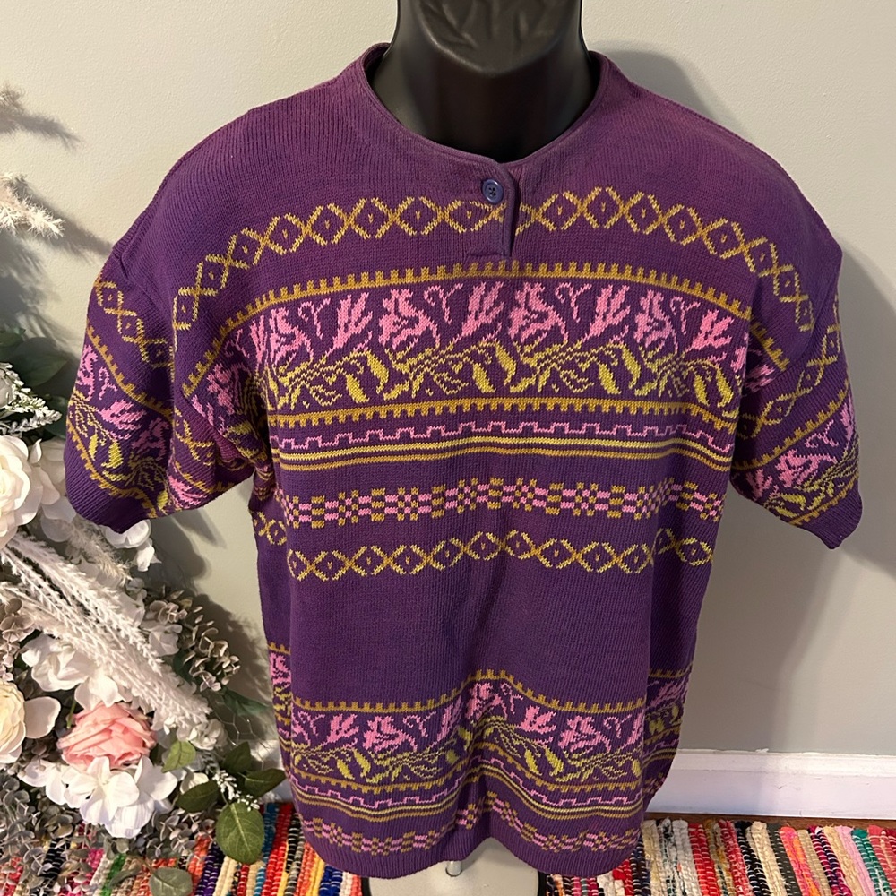 80s United Colors of Benetton Ski Sweater Short Sleeve Winter Medium Vintage